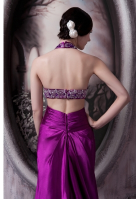 Purple Column Halter Court Train Beading Prom Dress