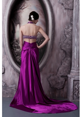 Purple Column Halter Court Train Beading Prom Dress