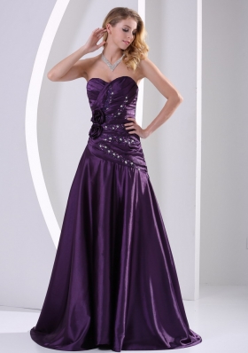 A-line Beading Ruched Prom Graduation Dress Purple Taffeta