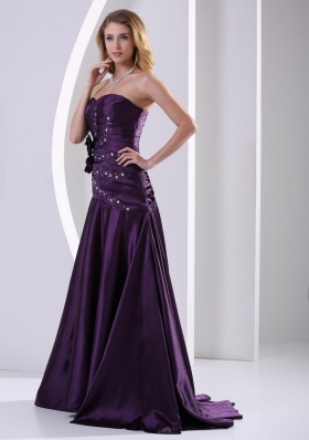 A-line Beading Ruched Prom Graduation Dress Purple Taffeta