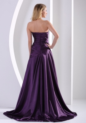 A-line Beading Ruched Prom Graduation Dress Purple Taffeta