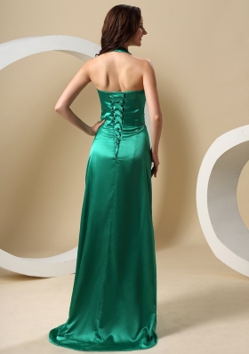 Teal High Slit Halter Ruched Beading Prom Dress