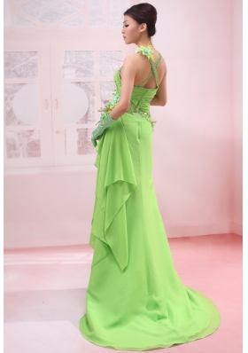 Halter Lime Green Chiffon Prom Dress Brush Train