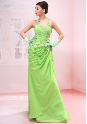 Halter Lime Green Chiffon Prom Dress Brush Train