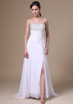 Spaghetti Straps High Slit White Prom Dress Beaded