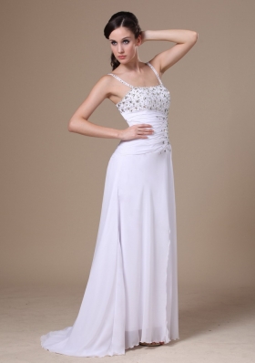 Spaghetti Straps High Slit White Prom Dress Beaded