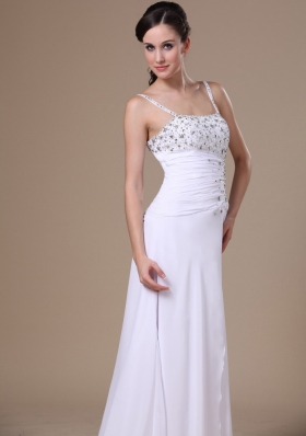 Spaghetti Straps High Slit White Prom Dress Beaded