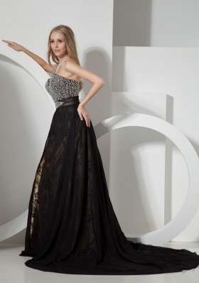 Heavy Beading Black Evening Dress Court Train Strapless