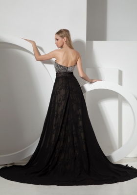 Heavy Beading Black Evening Dress Court Train Strapless