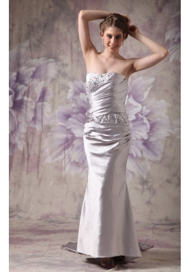 Silver Strapless Brush Train Beading Prom Evening Dress