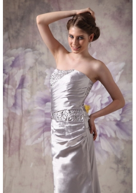 Silver Strapless Brush Train Beading Prom Evening Dress