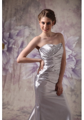 Silver Strapless Brush Train Beading Prom Evening Dress