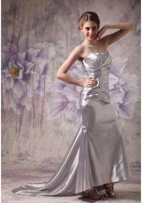 Silver Strapless Brush Train Beading Prom Evening Dress