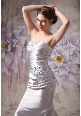 Silver Strapless Brush Train Beading Prom Evening Dress