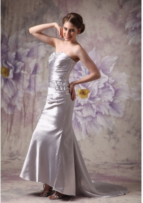 Silver Strapless Brush Train Beading Prom Evening Dress