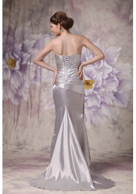 Silver Strapless Brush Train Beading Prom Evening Dress