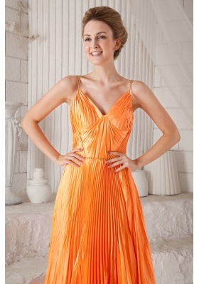 Spaghetti Straps Orange Court Train Prom Dress Pleated