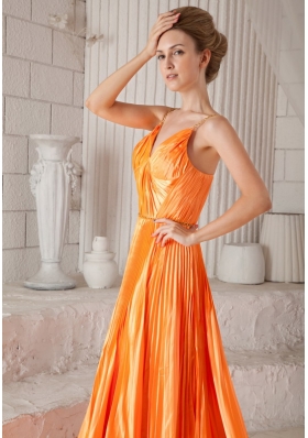 Spaghetti Straps Orange Court Train Prom Dress Pleated