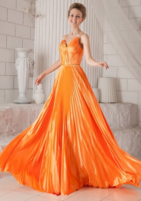 Spaghetti Straps Orange Court Train Prom Dress Pleated