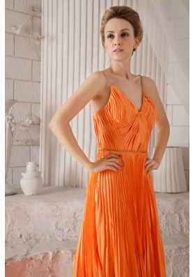 Spaghetti Straps Orange Court Train Prom Dress Pleated