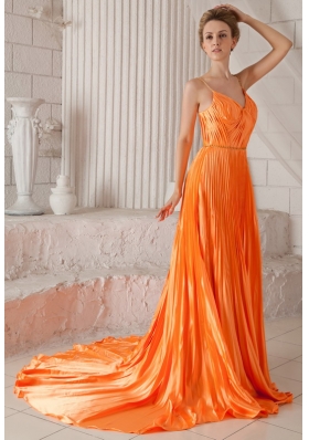 Spaghetti Straps Orange Court Train Prom Dress Pleated