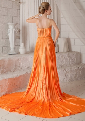 Spaghetti Straps Orange Court Train Prom Dress Pleated