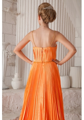 Spaghetti Straps Orange Court Train Prom Dress Pleated