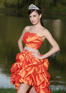 High-Low Orange Red Taffeta Prom Dress Strapless Ruched