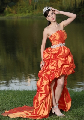 High-Low Orange Red Taffeta Prom Dress Strapless Ruched