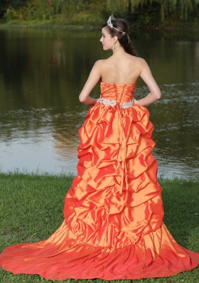 High-Low Orange Red Taffeta Prom Dress Strapless Ruched