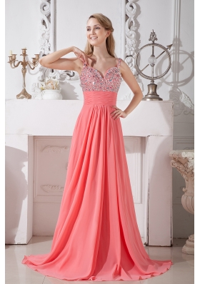 Spaghetti Straps Evening Dress Watermelon Chiffon Beading