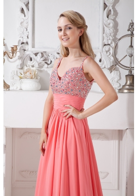 Spaghetti Straps Evening Dress Watermelon Chiffon Beading