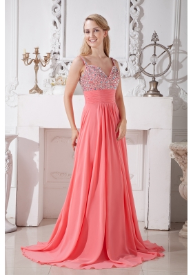 Spaghetti Straps Evening Dress Watermelon Chiffon Beading