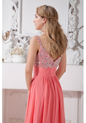 Spaghetti Straps Evening Dress Watermelon Chiffon Beading