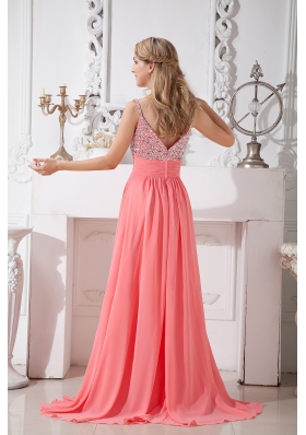 Spaghetti Straps Evening Dress Watermelon Chiffon Beading