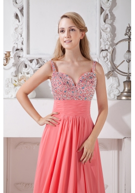 Spaghetti Straps Evening Dress Watermelon Chiffon Beading