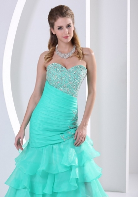 Layered Asymmetrical Turquoise Prom Dress Beaded Ruched