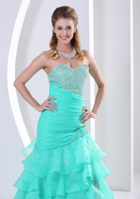 Layered Asymmetrical Turquoise Prom Dress Beaded Ruched