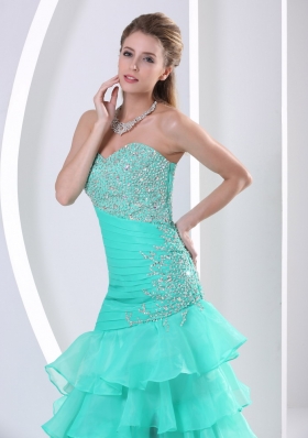 Layered Asymmetrical Turquoise Prom Dress Beaded Ruched