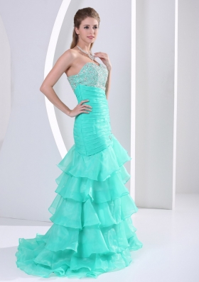 Layered Asymmetrical Turquoise Prom Dress Beaded Ruched