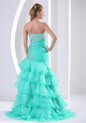 Layered Asymmetrical Turquoise Prom Dress Beaded Ruched