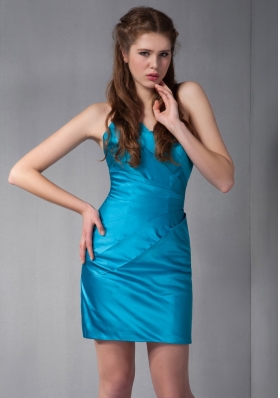 Mini-length Teal Taffeta Prom Dress Column Strapless