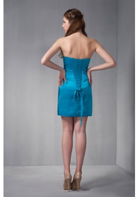 Mini-length Teal Taffeta Prom Dress Column Strapless