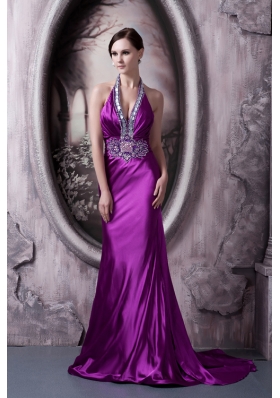 Purple Halter Brush Train Beading Appliques Prom Dress