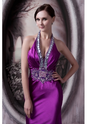 Purple Halter Brush Train Beading Appliques Prom Dress