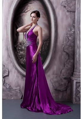 Purple Halter Brush Train Beading Appliques Prom Dress