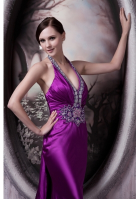 Purple Halter Brush Train Beading Appliques Prom Dress