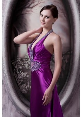 Purple Halter Brush Train Beading Appliques Prom Dress