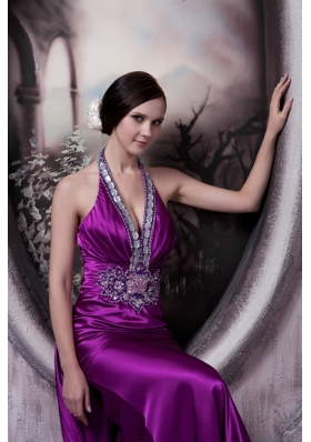 Purple Halter Brush Train Beading Appliques Prom Dress