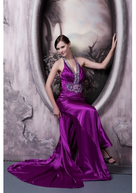 Purple Halter Brush Train Beading Appliques Prom Dress